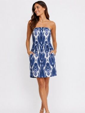J.Crew Strapless Ikat Print Dress Pockets Blue White Size 6